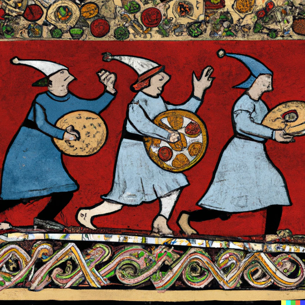 Prompt: Opera singers on skateboards delivering pizza, in the style of the Bayeux Tapestry.