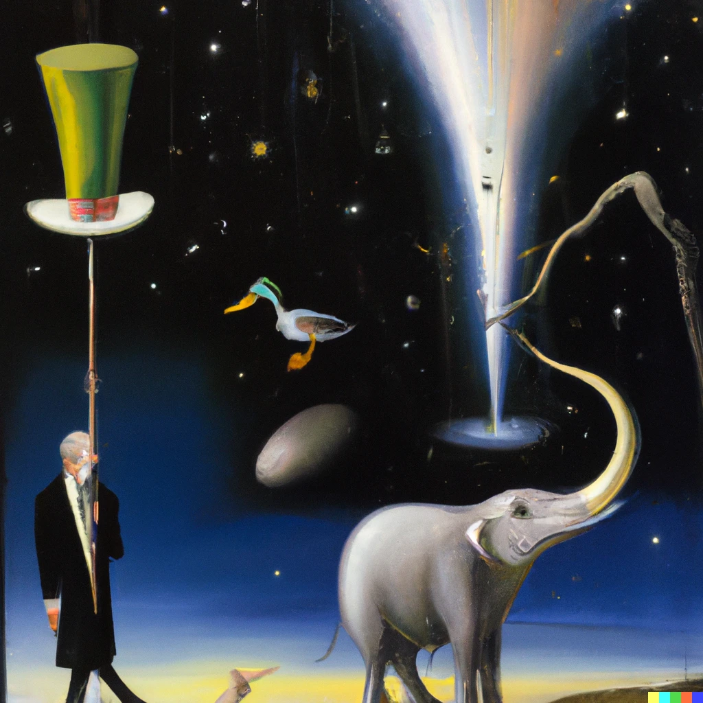 Prompt: Dali painting of meteors in a dark sky, watched by an elephant and a duck, standing by a hat stand with a top hat.