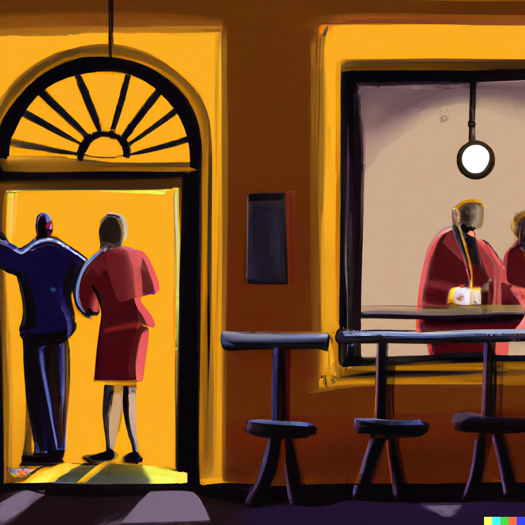 Prompt: Three customers and a counter assistant in an urban cafe at night, viewed from outside, styled after Edward Hopper.