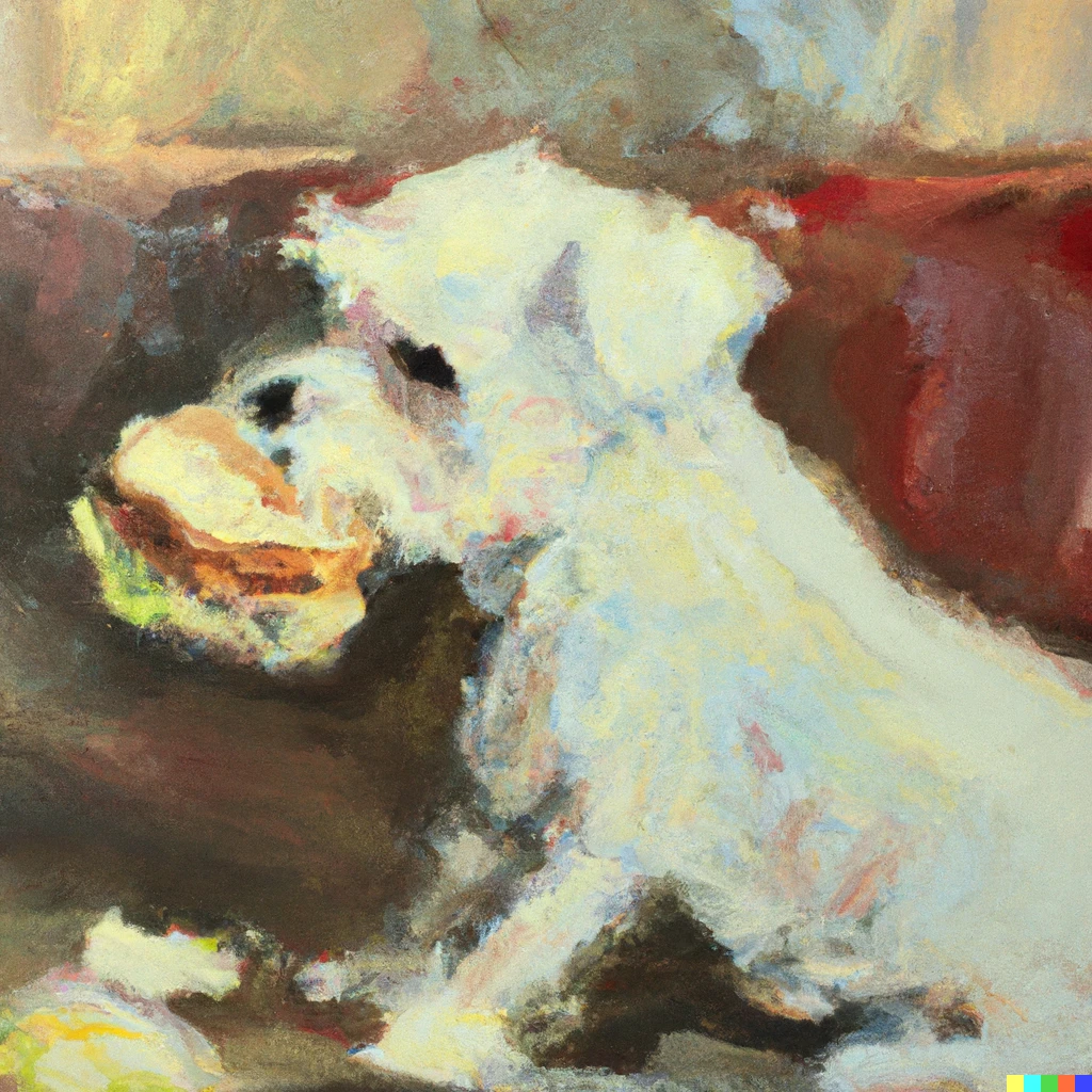 Prompt: An impressionist painting of a white small dog eating a chicken sandwich