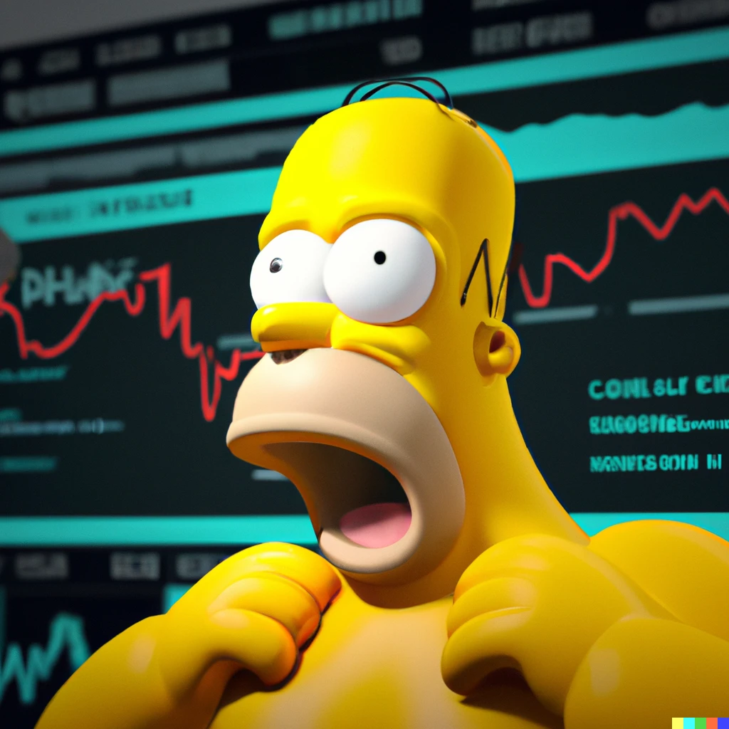 Prompt: A still of Homer Simpson reacts to a Bitcoin crashing line chart at the New York stock exchange, Bitcoin logo, Award-winning, photograph, 3d render, unreal engine, 4k detailed