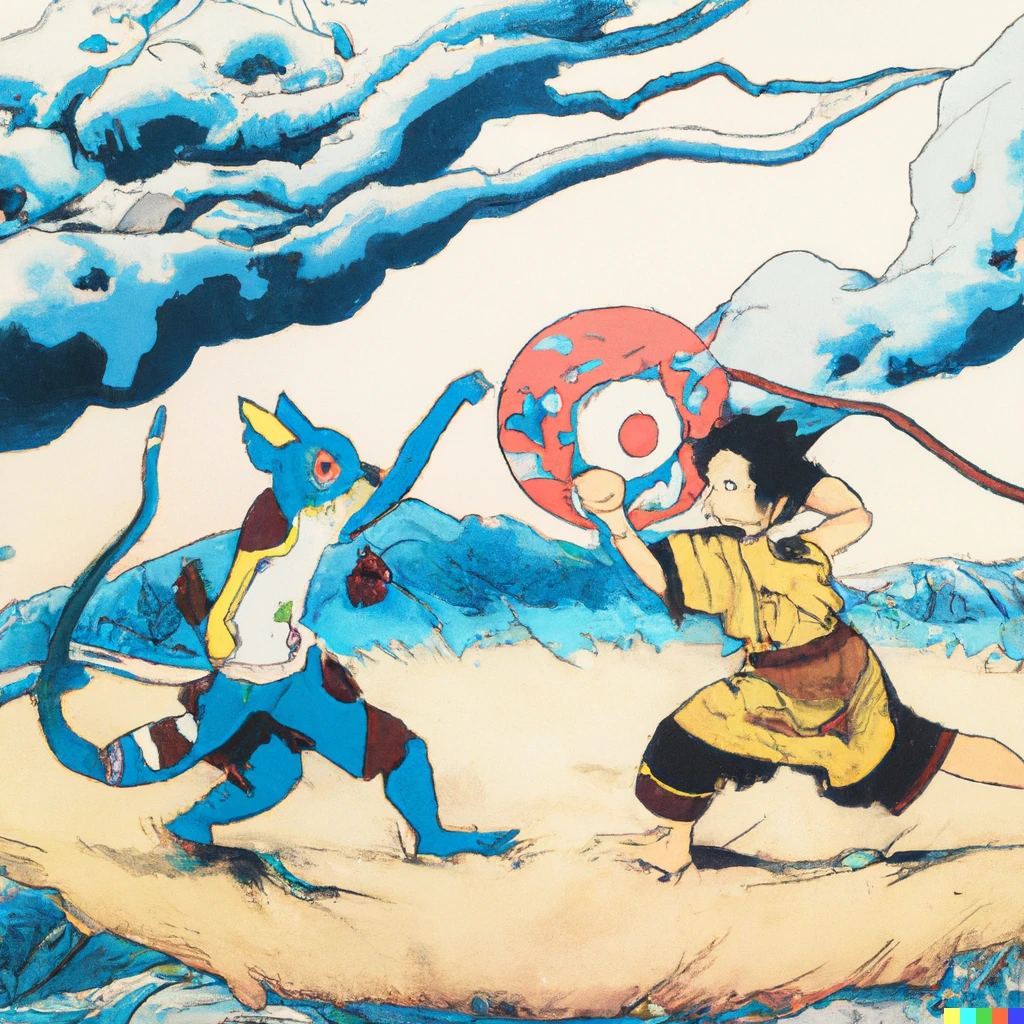 Prompt: Pokemon battle by Hokusai