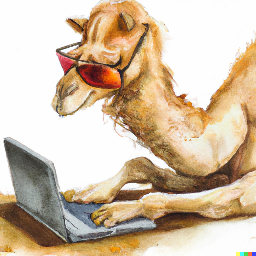 Prompt: A playful camel wearing a sunglass typing program onto its laptop. Water color art.