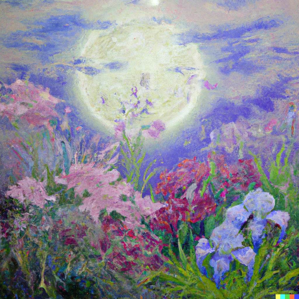 Prompt: A legendary garden on the surface moon full of iris and lycoris. Oil painting.