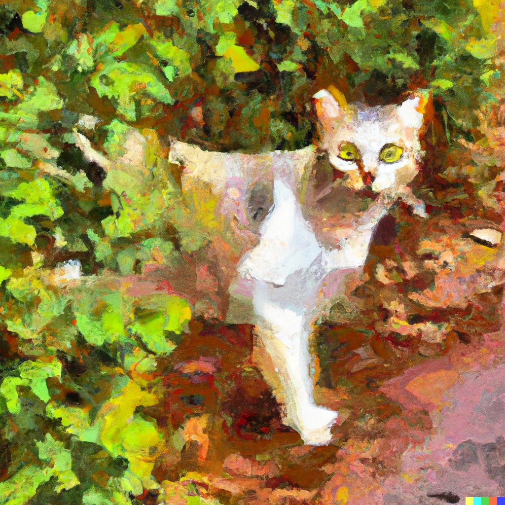 Prompt: An Impressionist painting of a worrisome cat cautiously staring at a pedestrian walking by behind the bushes off the road.