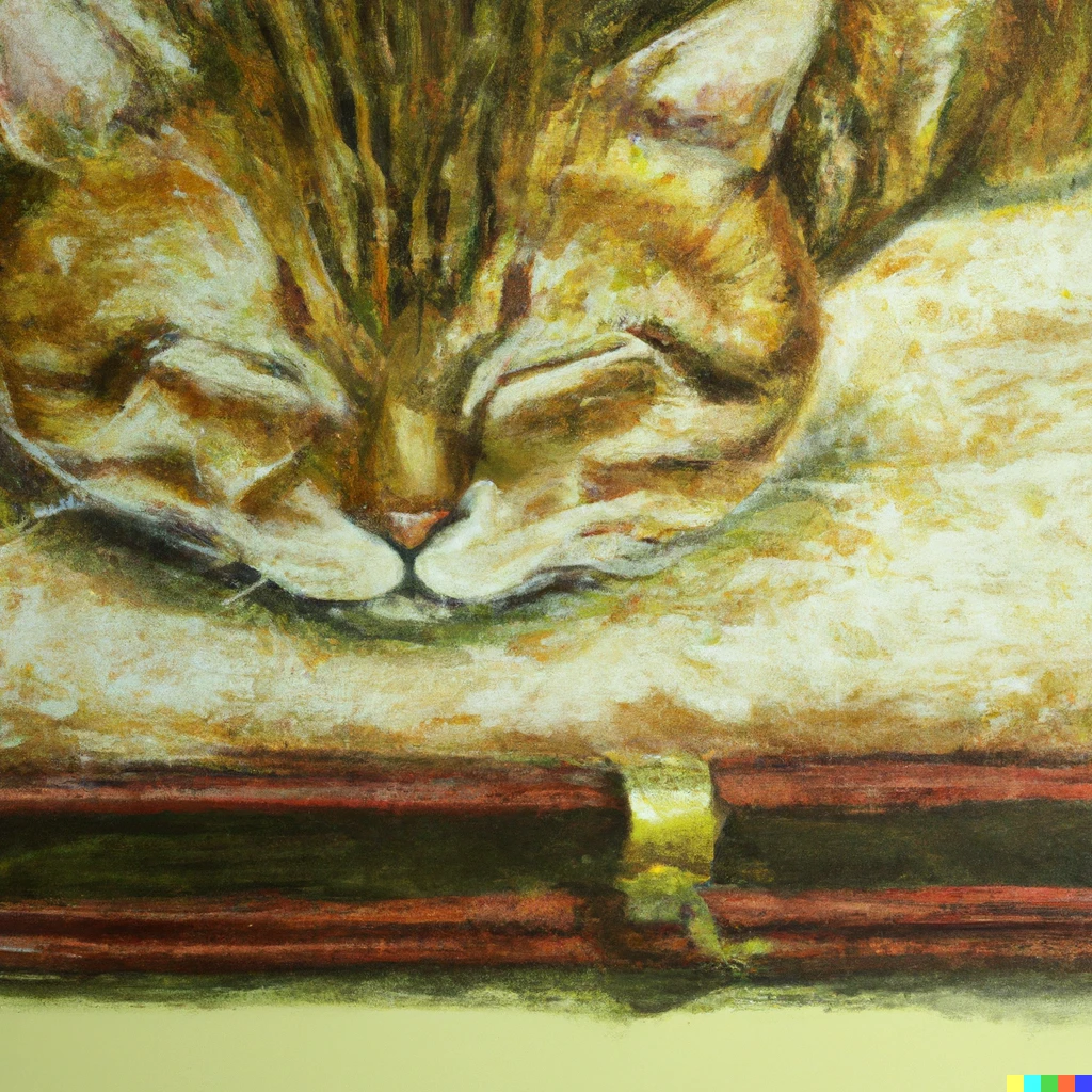 Prompt: An exotic cat sleeping comfortably on a book with decorative leather cover. Oil painting.
