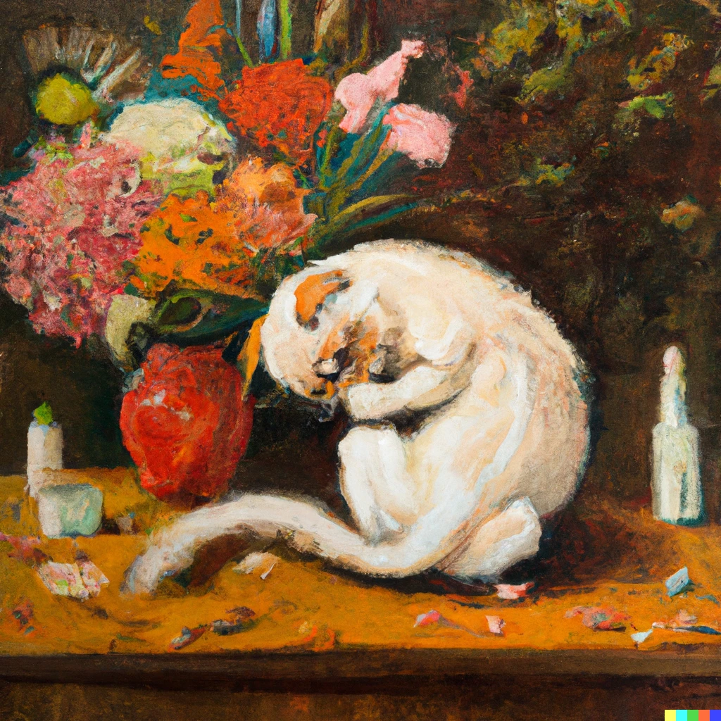Prompt: An oil painting of an exotic cat grooming herself, unattended to its surrounding and sitting on a table with a huge vessel of beautiful bouquet.