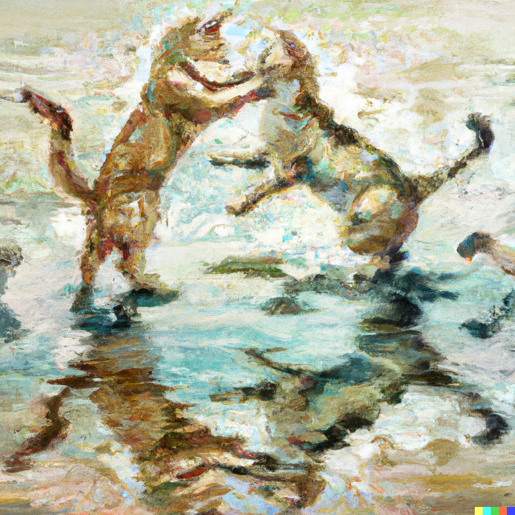Prompt: An Impressionist painting of two cats playfully fight with each other over a reflective thin layer of water.