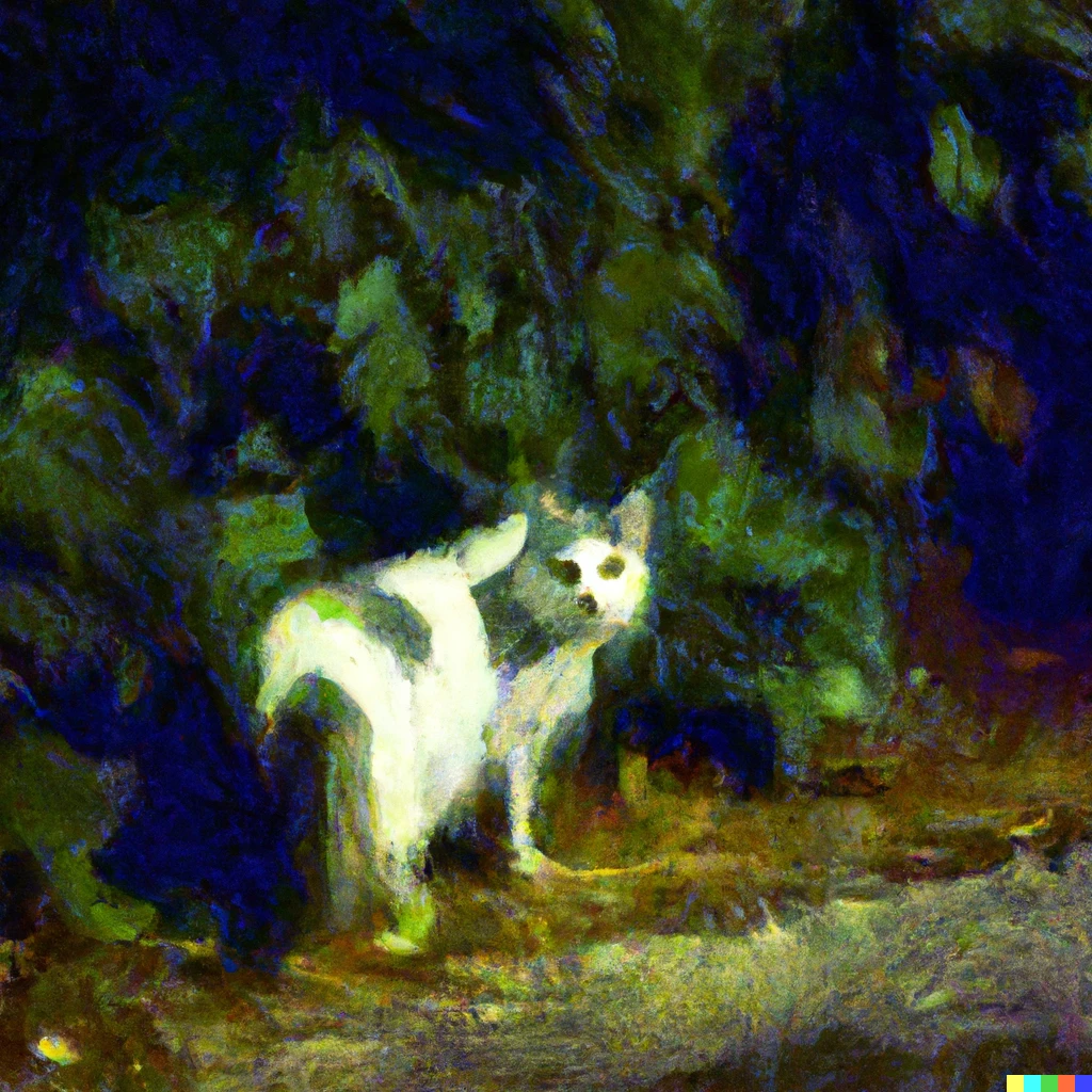 Prompt: An Impressionist painting of a worrisome cat cautiously staring at a pedestrian walking by behind the bushes off the road in the dark.