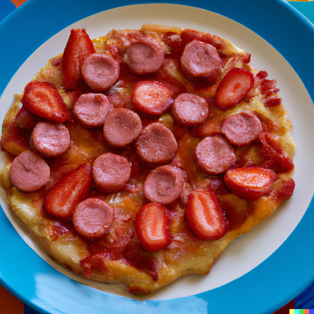 Prompt: A pizza made of sausages and strawberries served in a blue plate 