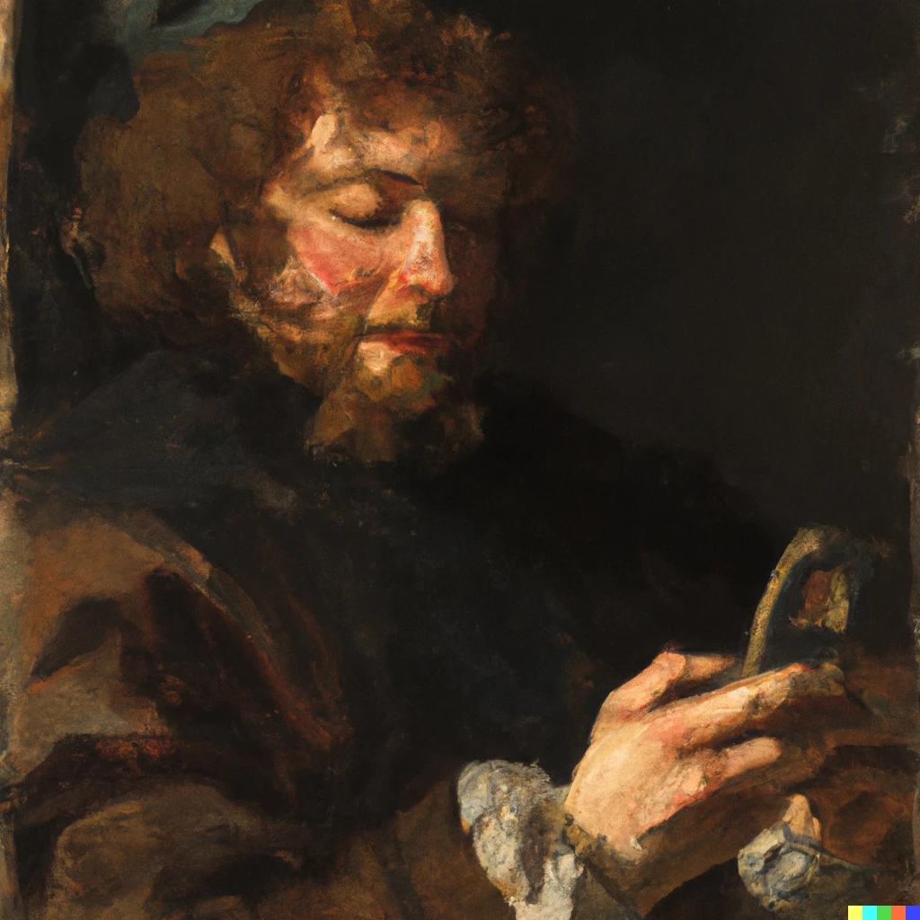 Prompt: a man playing games on his phone painted by Rembrandt van Rijn