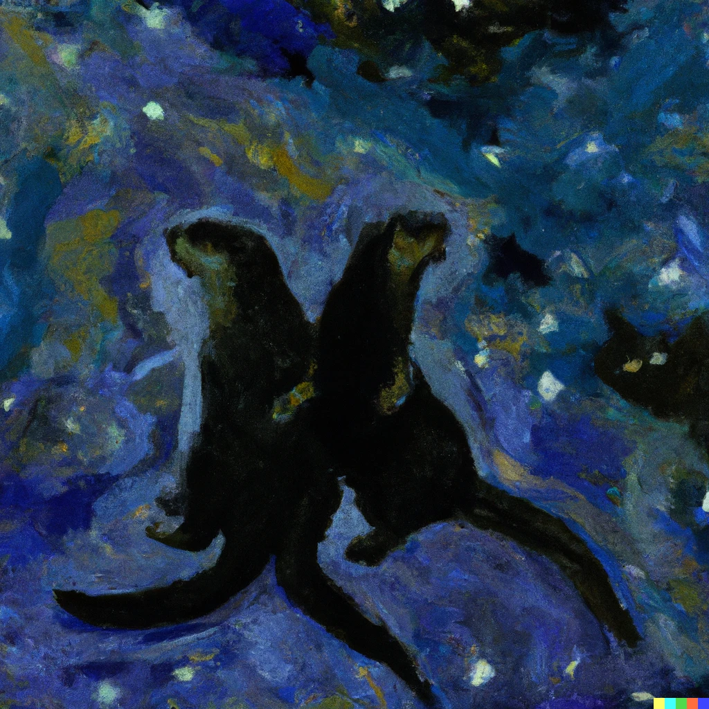Prompt: a painting of two otters in the style of Starry Night