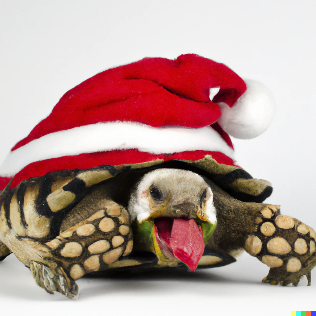 Prompt: A salivating turtle wearing a santa costume.
