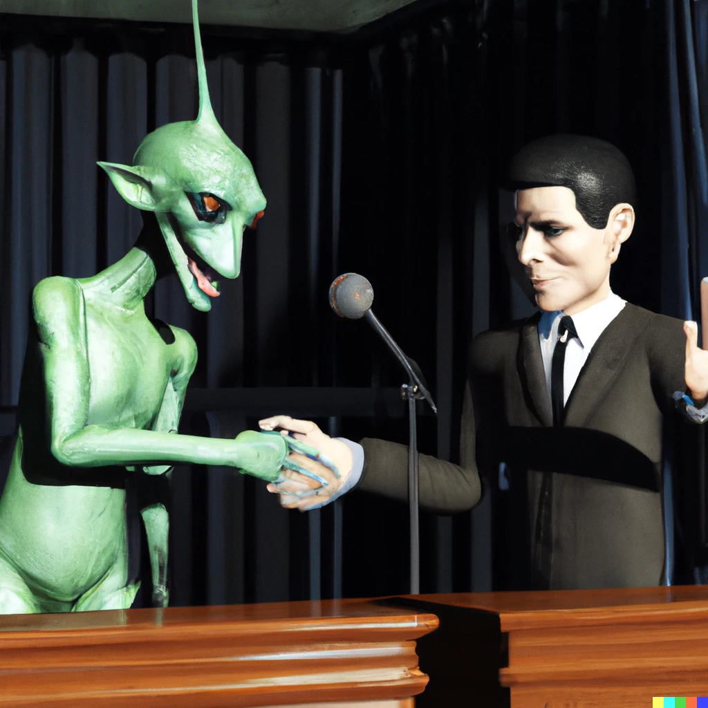 Prompt: realistic rendering of Ronald Reagan shaking hands with an alien at a press conference
