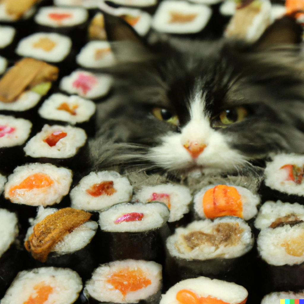 Prompt: A long haired cat made of nori sitting amongst a bunch of sushi