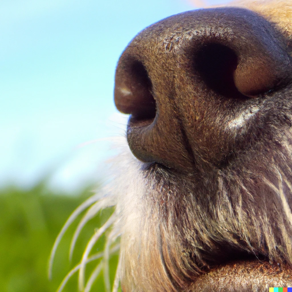 Prompt: A very close up of a dog's nose, realistic, vibrant colours, nature in the background
