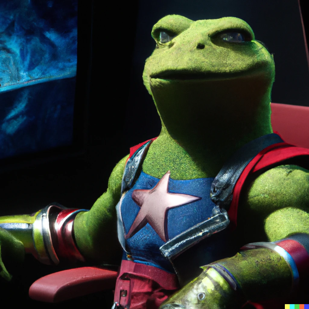 Prompt: A screenshot of Kermit in the avengers movie( 2012) IMAX