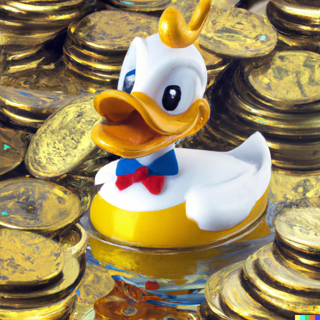 Prompt:   Donald duck Swimming in gold coins 