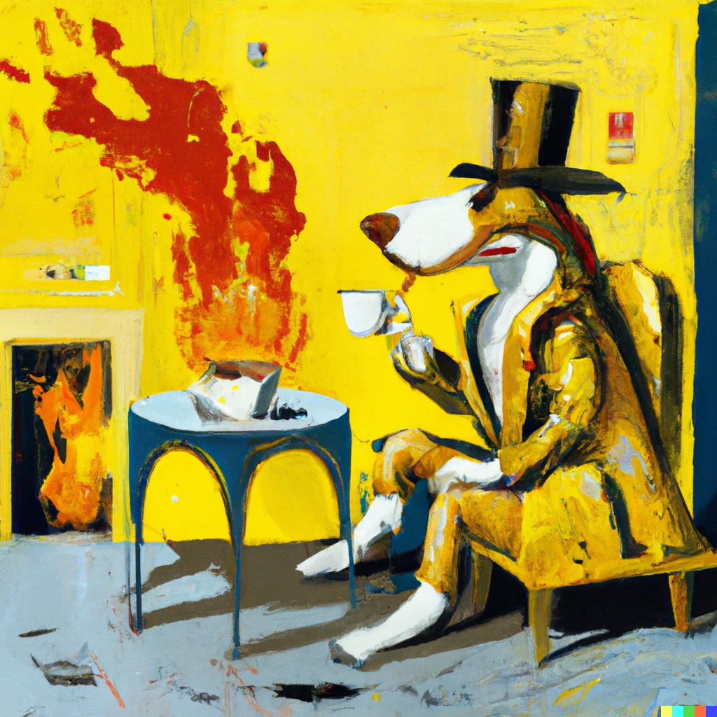 Prompt: salvador dali painting of yellow dog with bowler hat drinking a white cup of coffee, while sitting in a room on fire 
