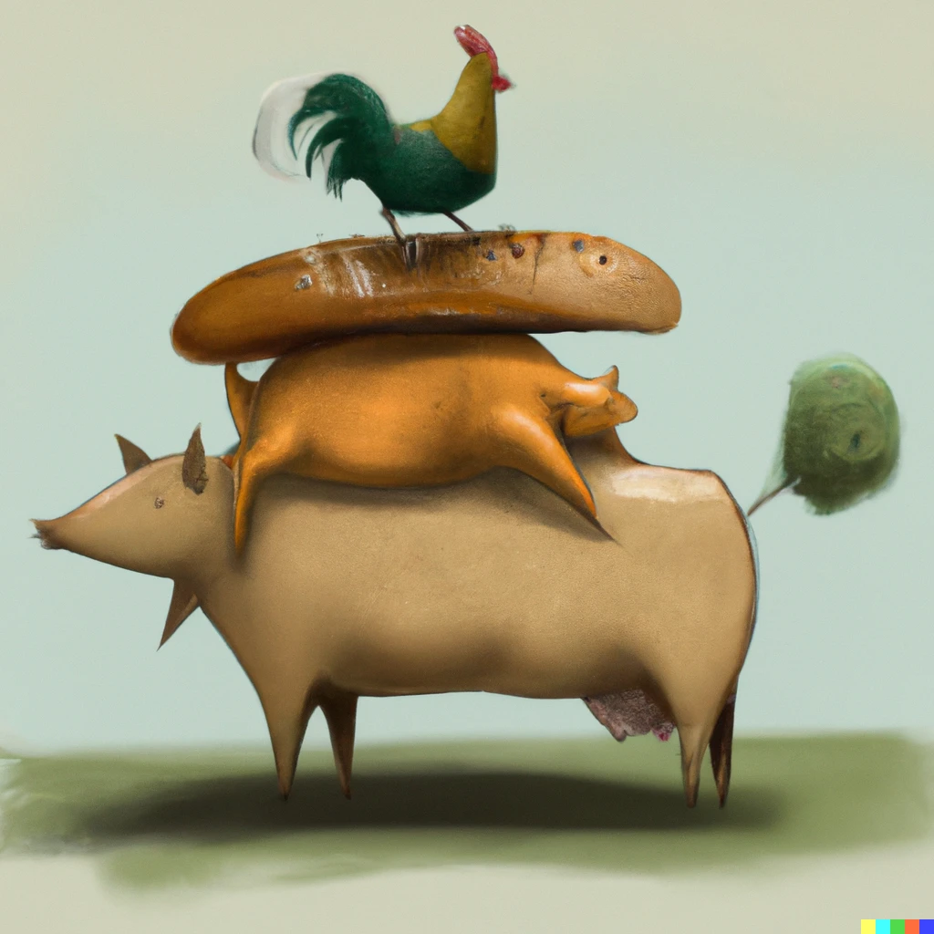 Prompt: A chicken on top of a pig on top of a cow between two pieces of bread at a farm, digital art