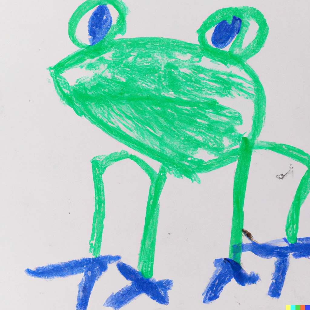 Prompt: a frog drawn in crayon by a 3 year old