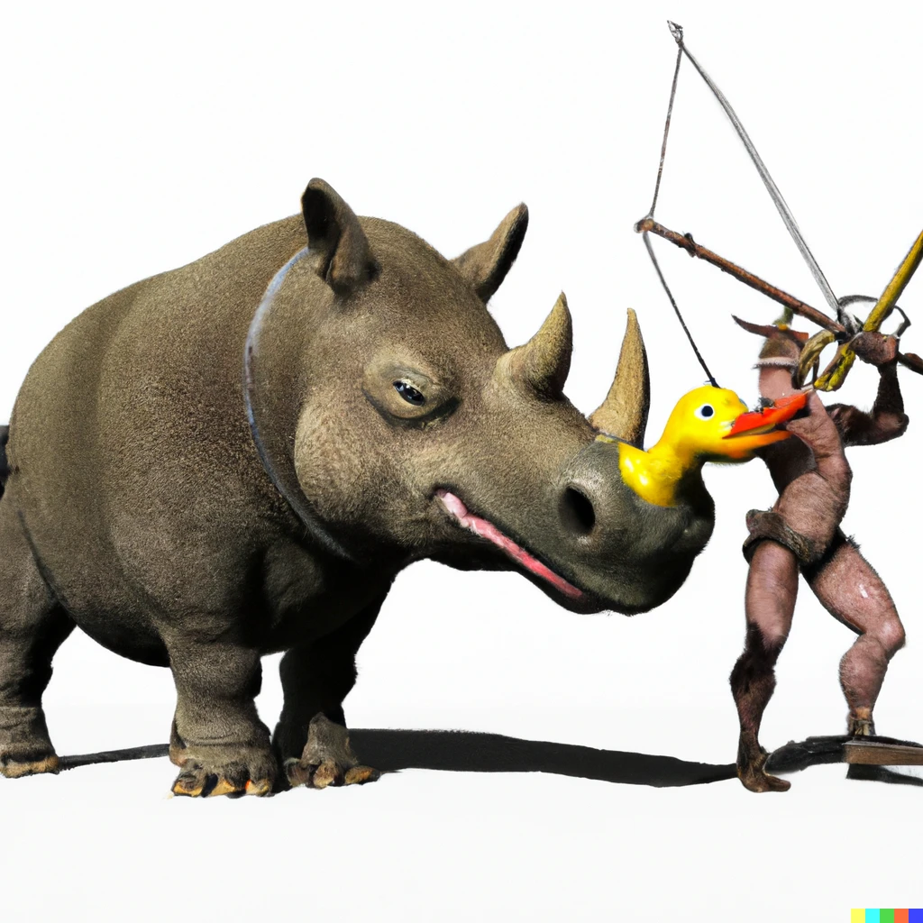 Prompt: A 3d rendered image of a duck man shooting a crossbow at a giant rhino monster.