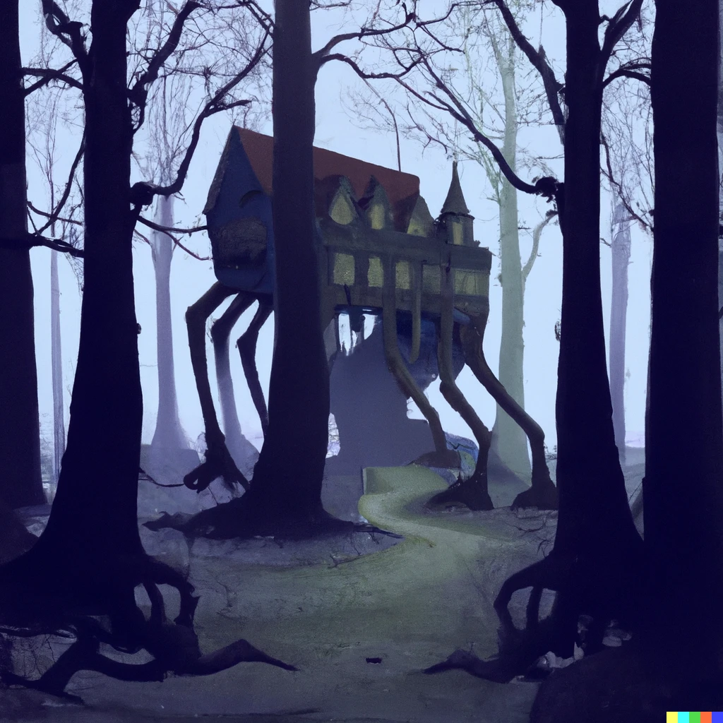 Prompt: giant house on legs running through a forest in style of gothic horror