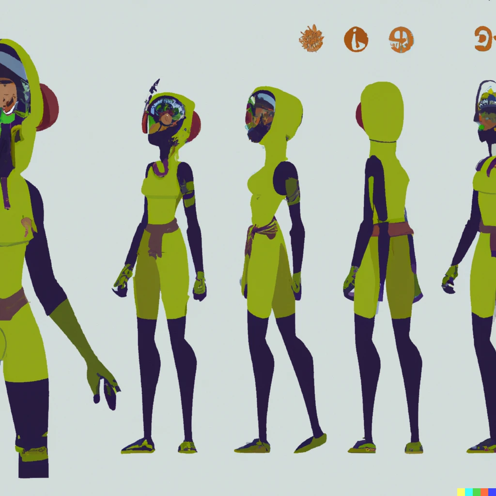 Prompt: a character design sheet of a green skinned alien female protagonist from a sci-fi action game 