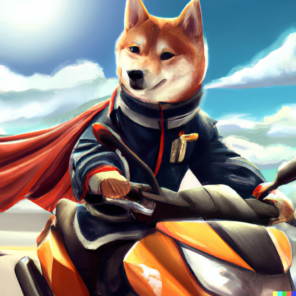 Prompt: A Shiba Inu in cape riding a motorcycle, digital art