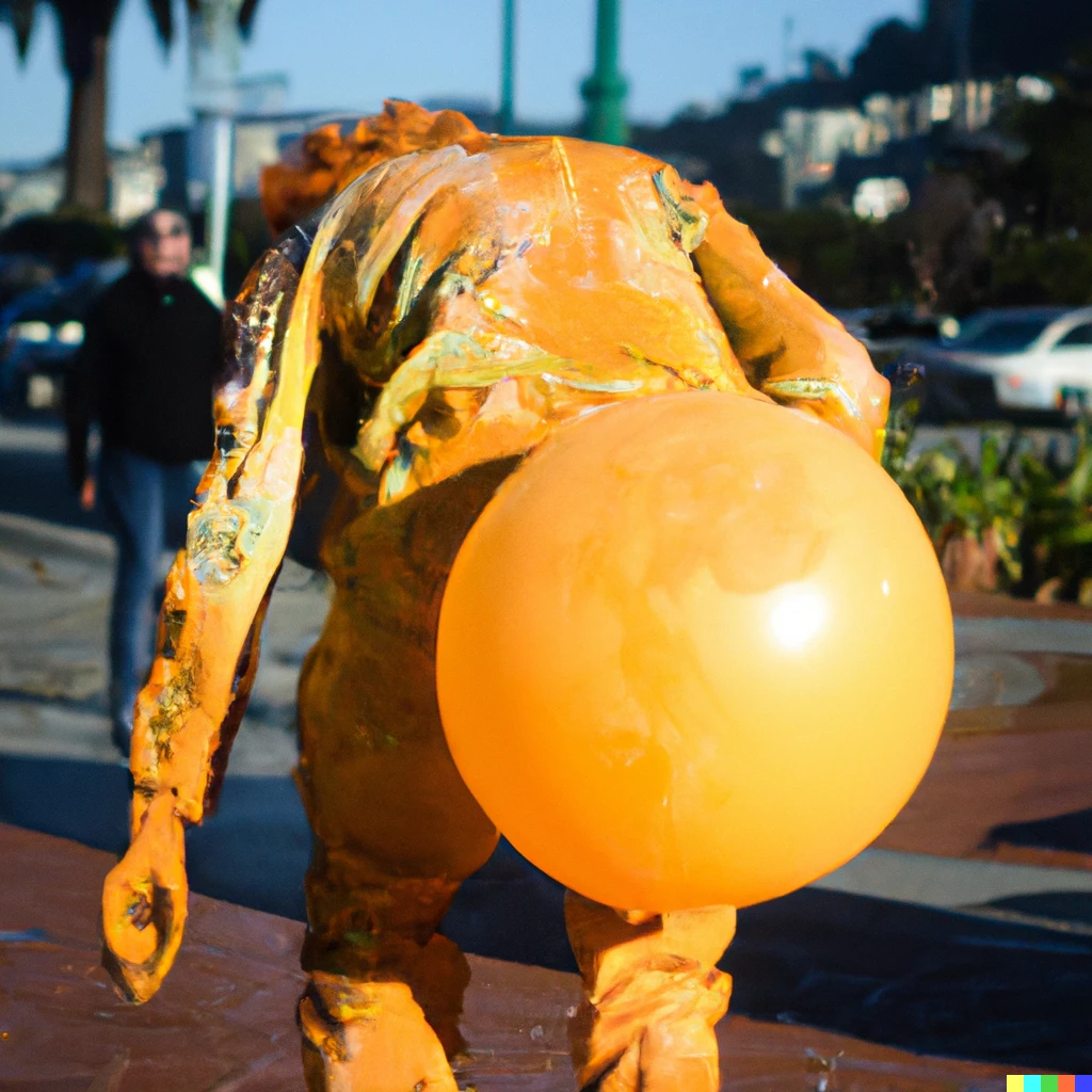 Prompt: man covered in thick yellow mud carrying a balloon in San Francisco, a photo