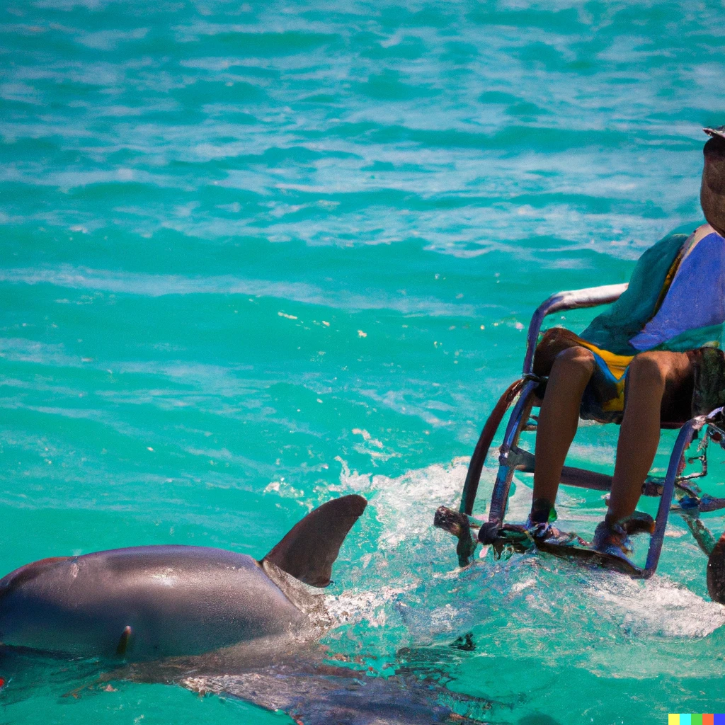 Prompt: kid in wheelchair swimming with the dolphins in the bahamas 
