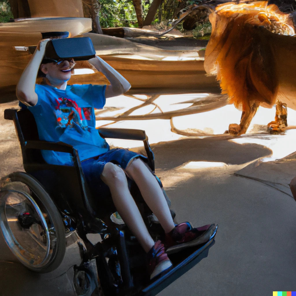 Prompt: kid in wheelchair and vr headset inside the lion exhibit at the zoo