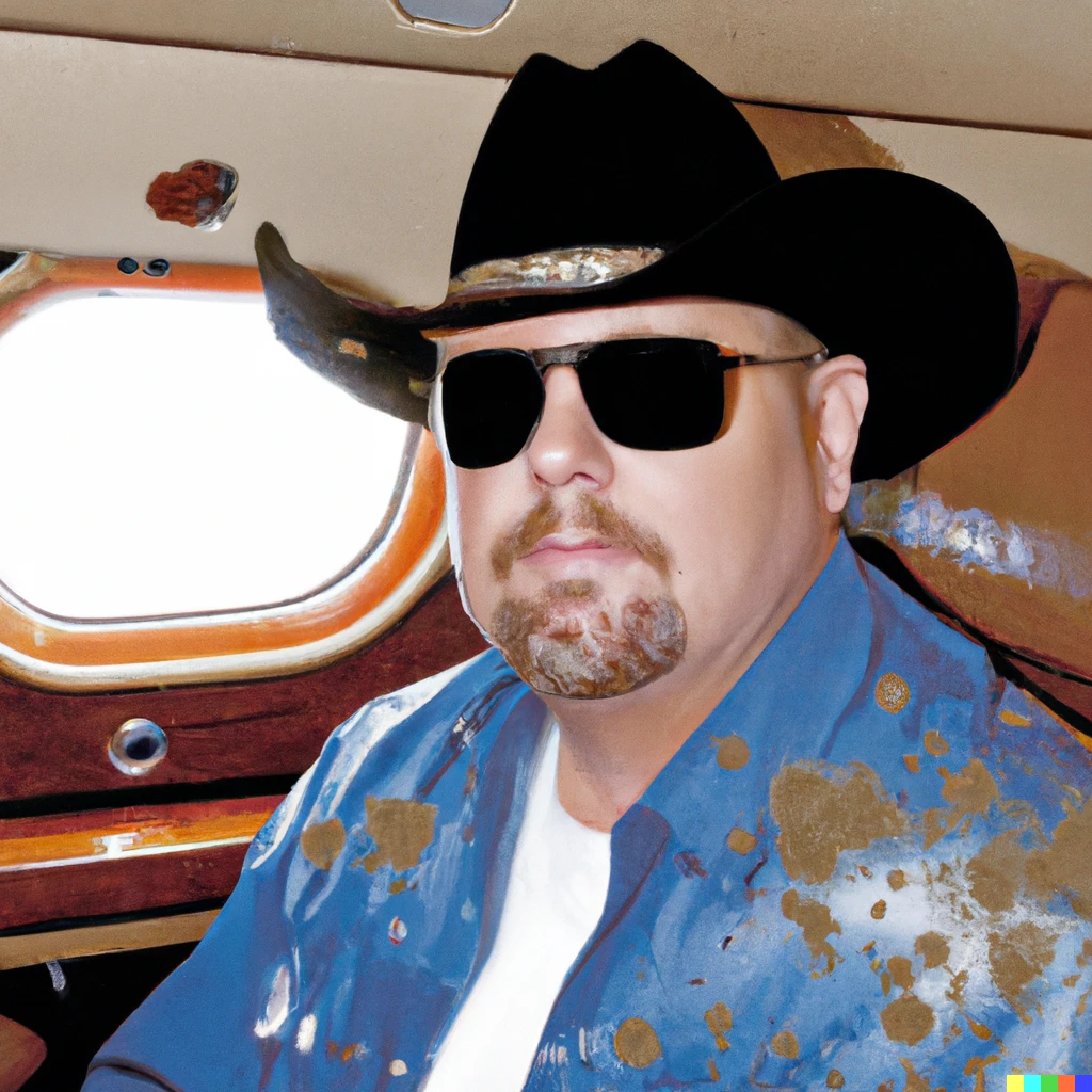 Prompt: Garth Brooks in a private jet and chunky brown splatter stains cover the inside, a photo