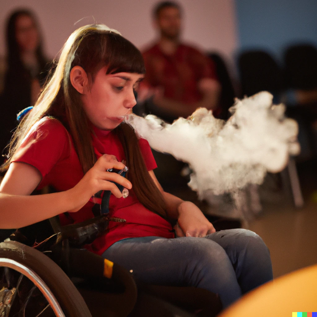 Prompt: kid in wheelchair rapidly blowing vape rings in the school talent show, a photo