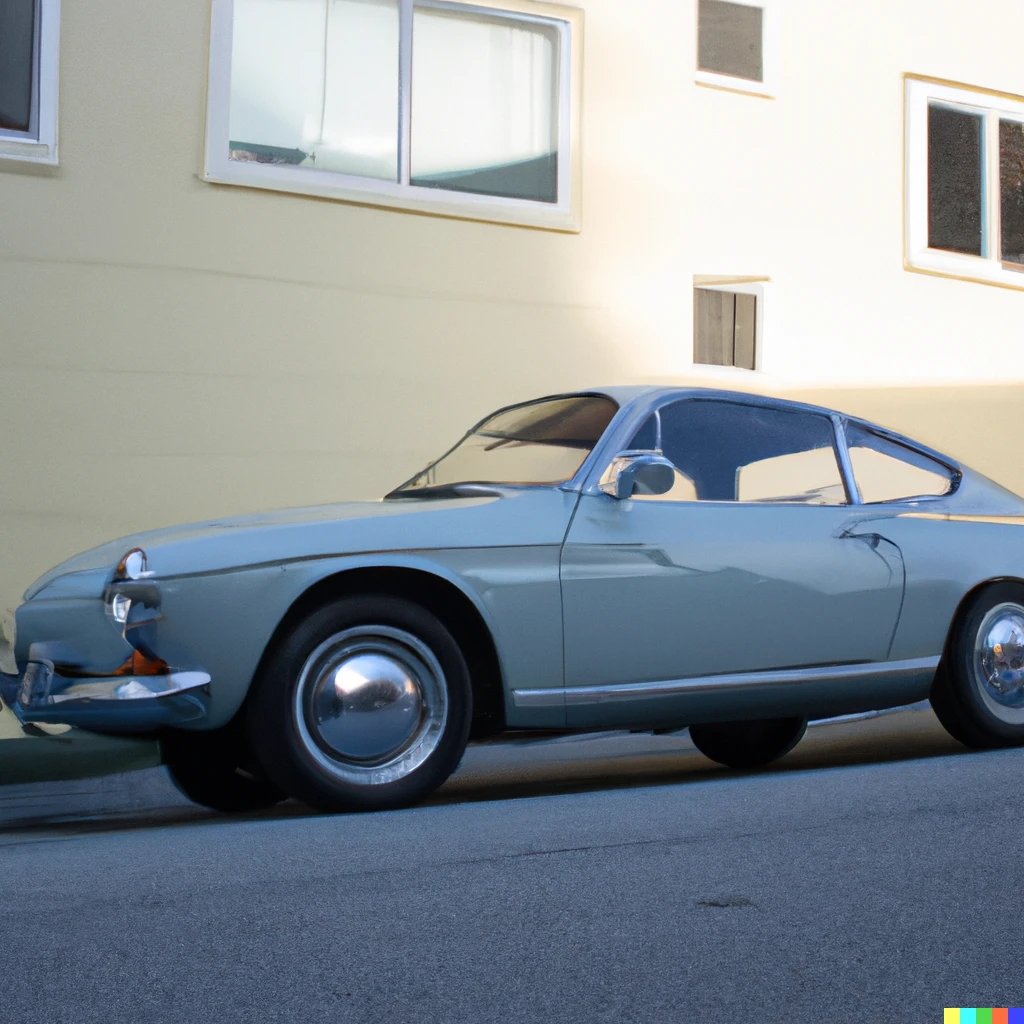 Prompt: a 1969 volkswagen karmann ghia parked on a street in San Francisco, a photo