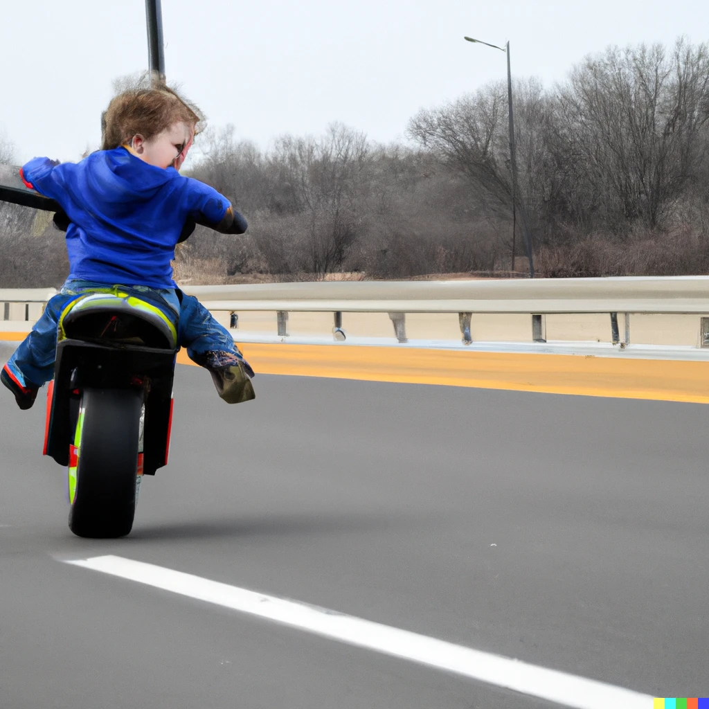 Prompt: a toddler in a high speed motorcycle wheelie on the interstate, a photo