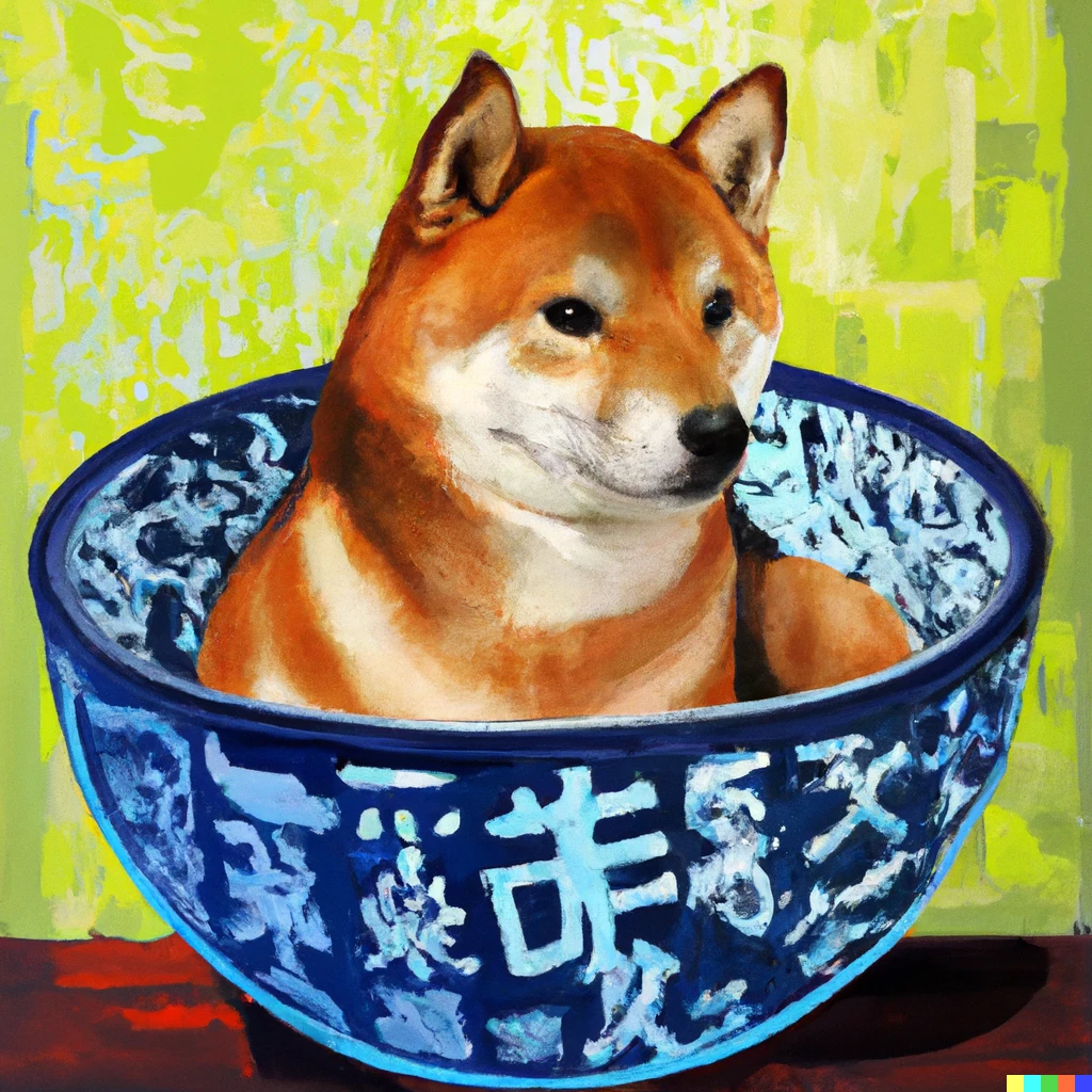 Prompt: a shiba inu in a ramen bowl in the style of monet