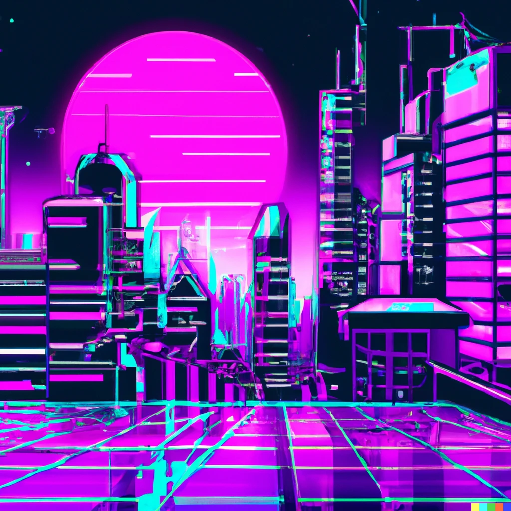 Prompt: a cyberpunk city in 2022 in the style of vaporwave