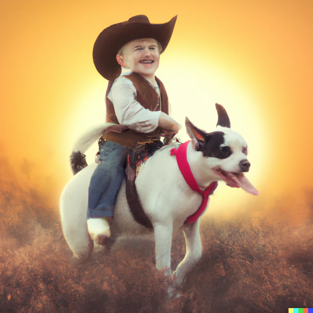 Prompt: A baby cowboy riding a magical dog