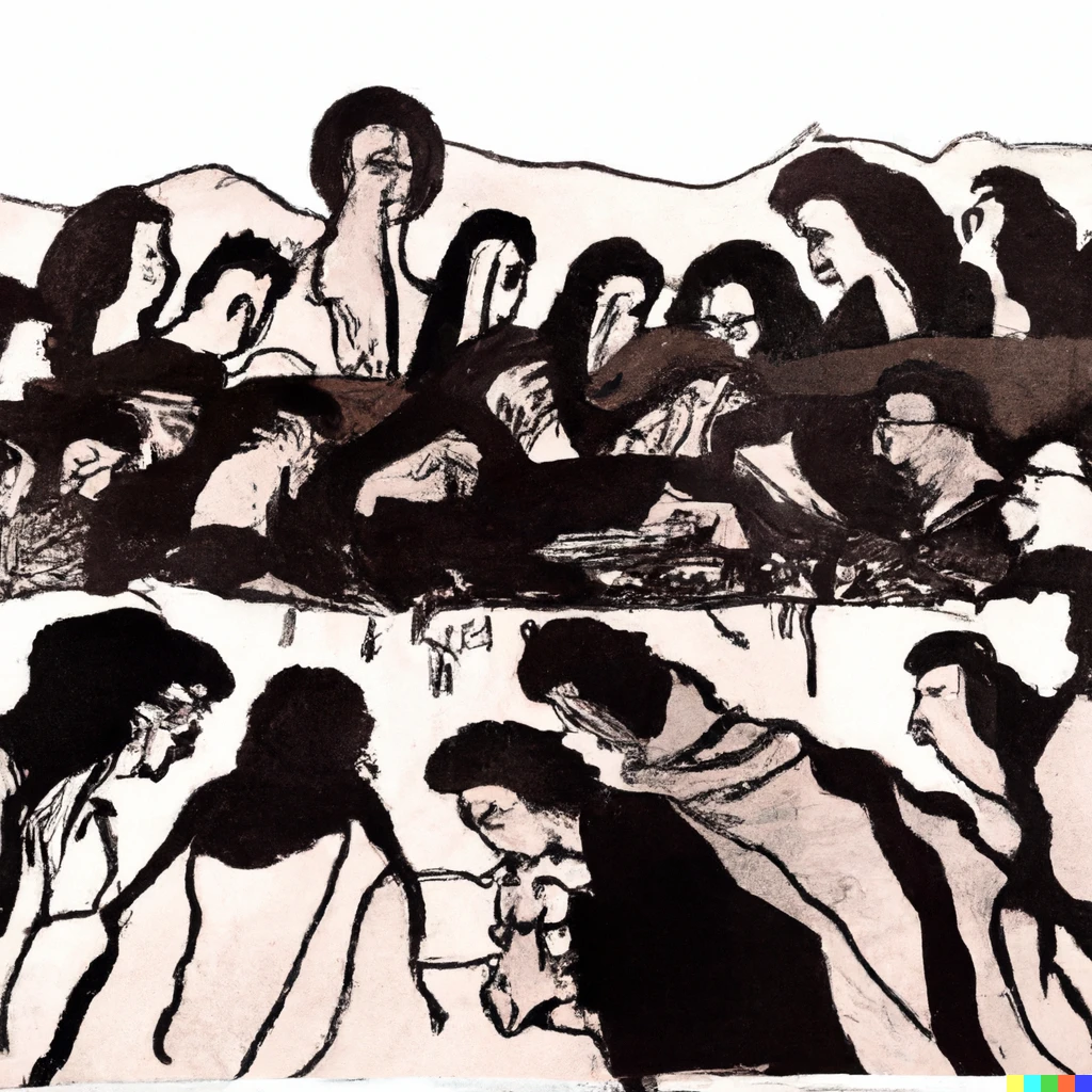 Prompt: An Egon Schiele drawing of the last supper