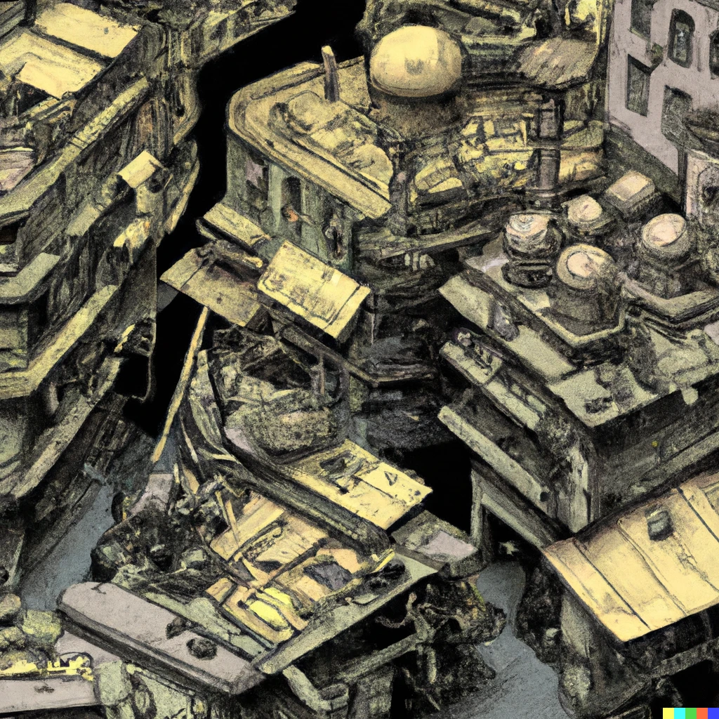 Prompt: Post-apocalyptic Cybercity. Aerial view. Isometric. detailed textured illustration by Moebius and Marc Simonetti. cluttered building apartments, electrical wires madness, grainy textures  Vray, Depth of field