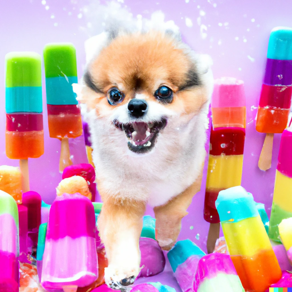 Prompt: A photo of a Pomeranian dog happily running surrounded by colorful ice cream