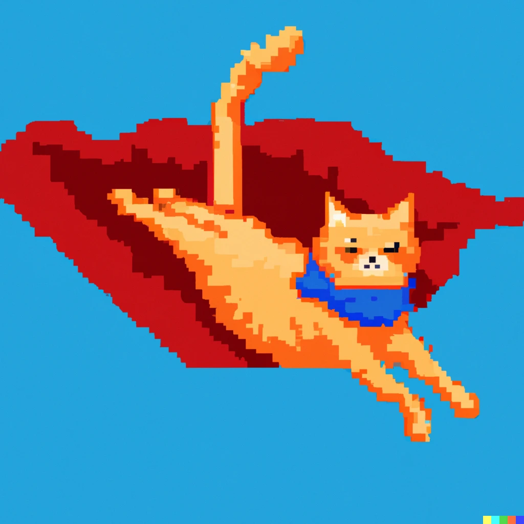 Prompt: An orange tabby cat, wearing a blue cape, flying in the sky on a magical flying red carpet, pixel art 