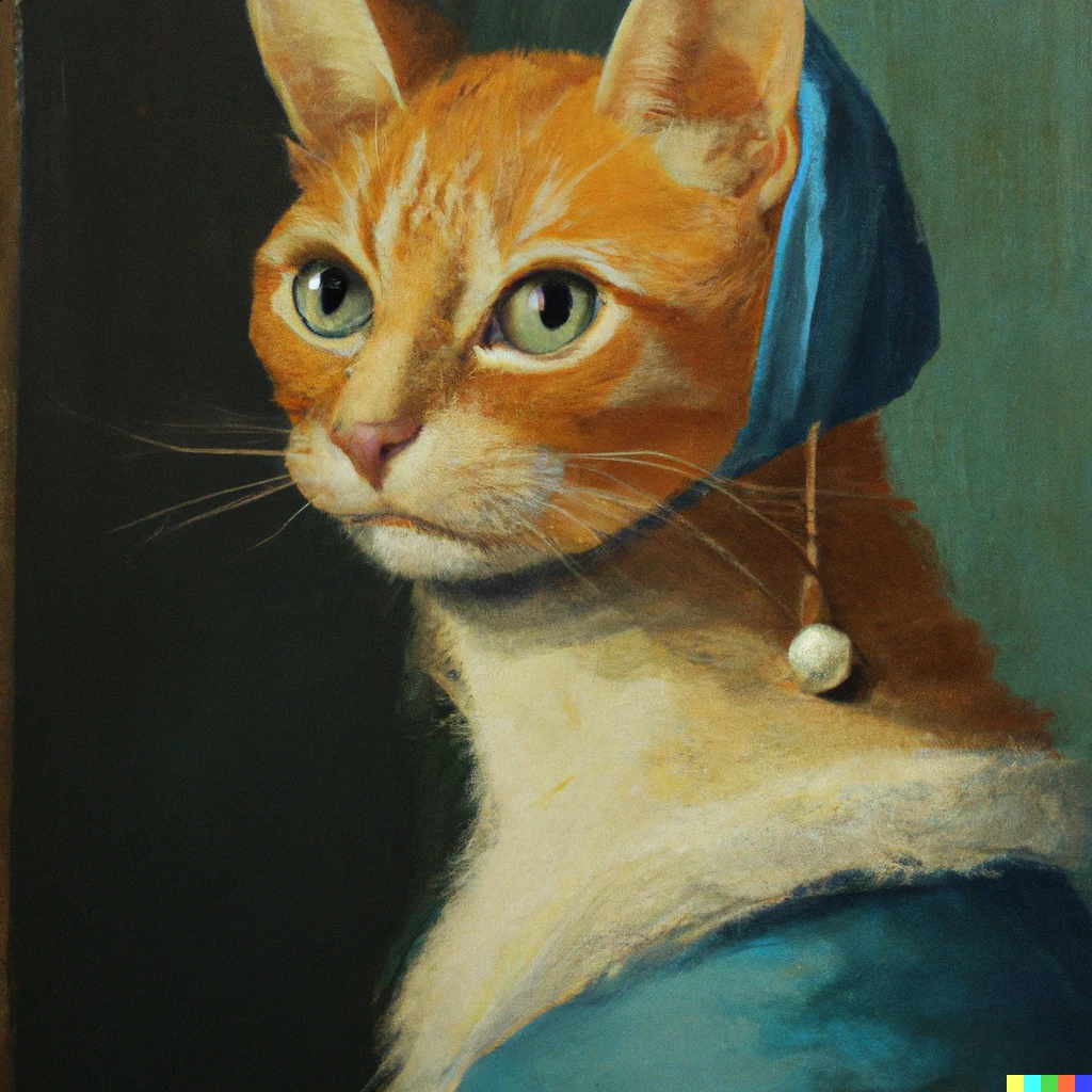 Prompt: "An orange tabby cat with a pearl earring" by Johannes Vermeer