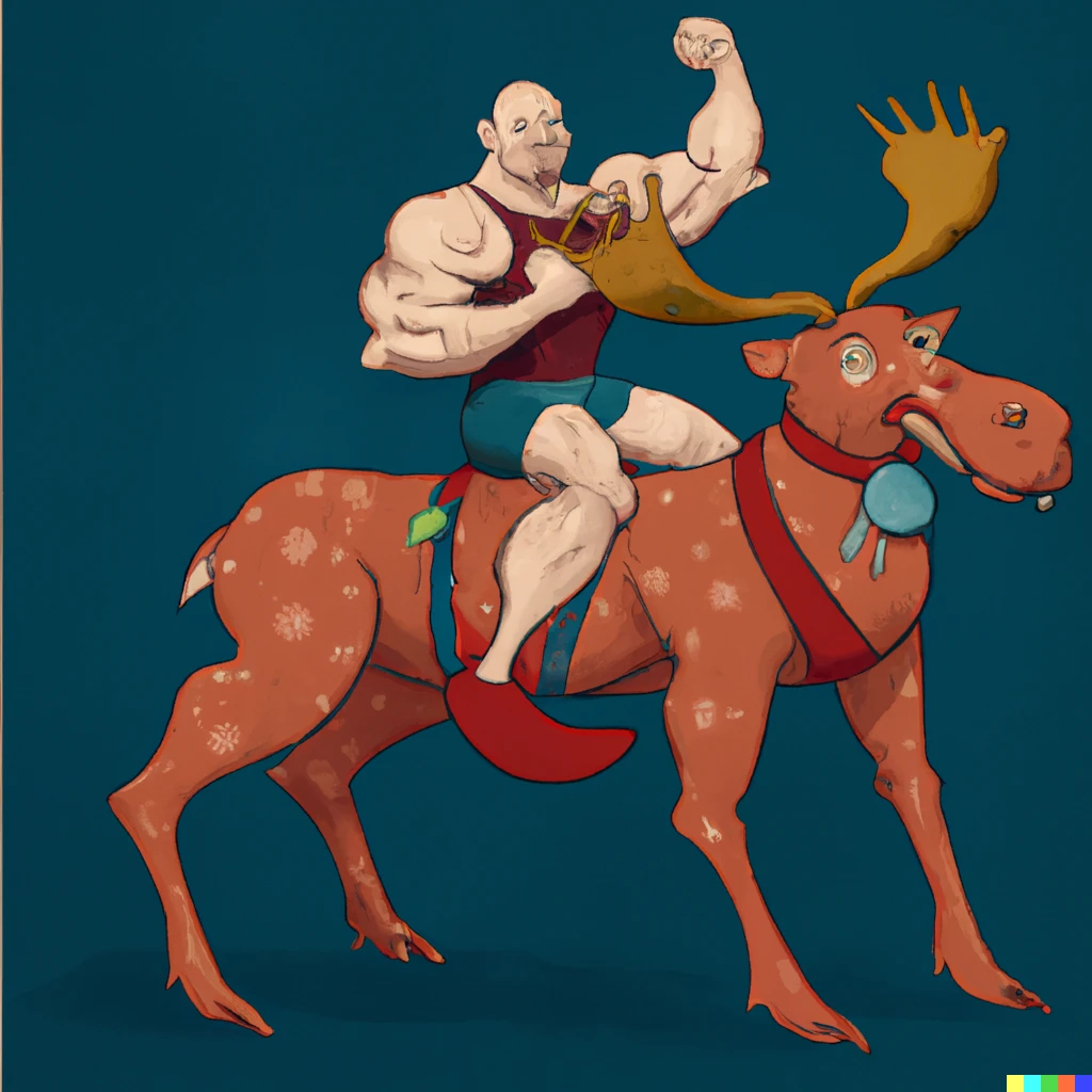 Prompt: Bald wrestler riding an elk, cartoon art 