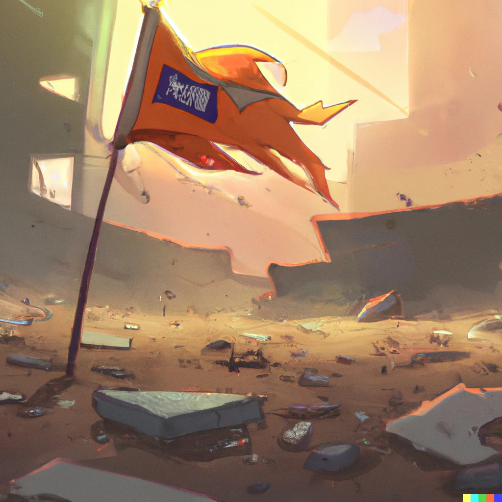 Prompt: anime, a lone Mets pennant among the scattered rubble of a destroyed city in a dystopian future