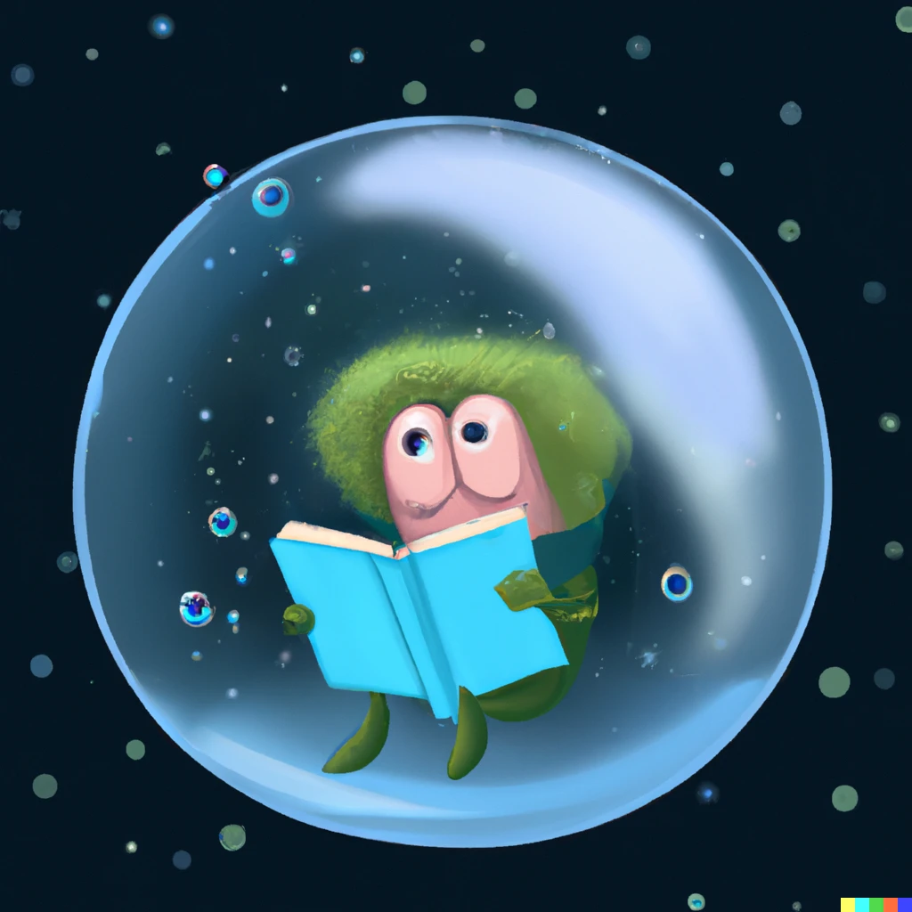 Prompt: A muppet reading a book inside a bubble while floating in space