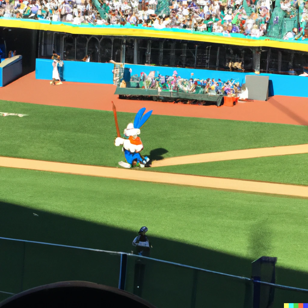 Prompt: Looney Tunes Bugs Bunny competing in the Home Run Derby at Dodger Stadium, view from my seat