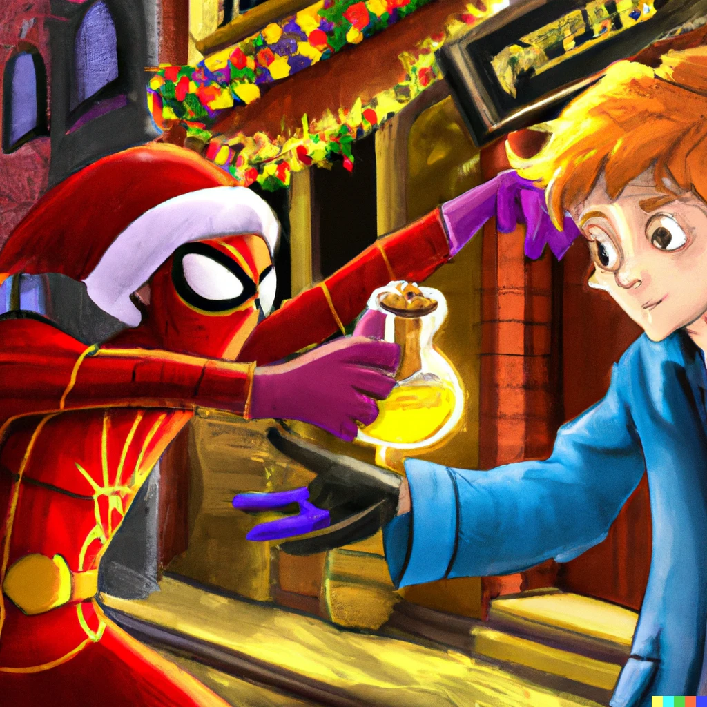 Prompt: Spider-man trying to sell a magic yellow potion to Santa Claus in diagon alley