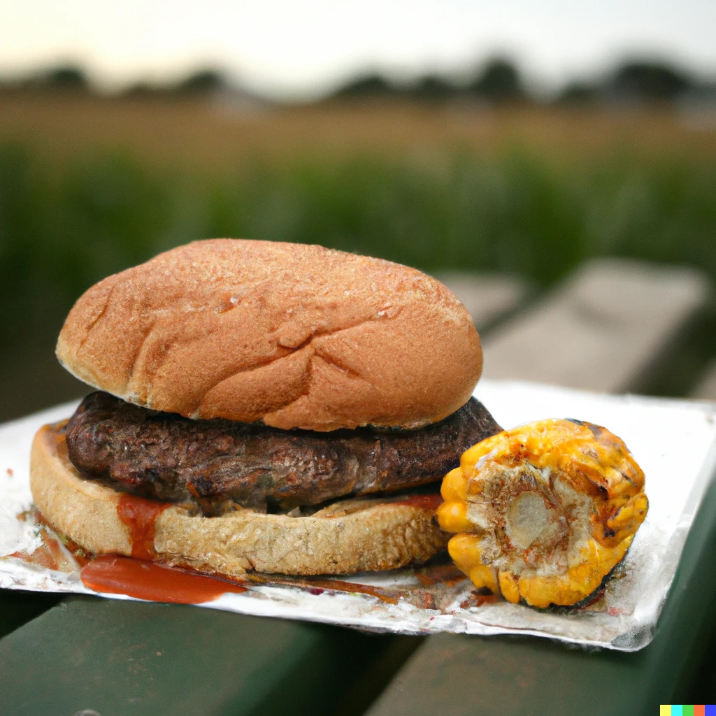Prompt: food photography half a hamburger cooked medium rare sitting on a park bench in a corn field